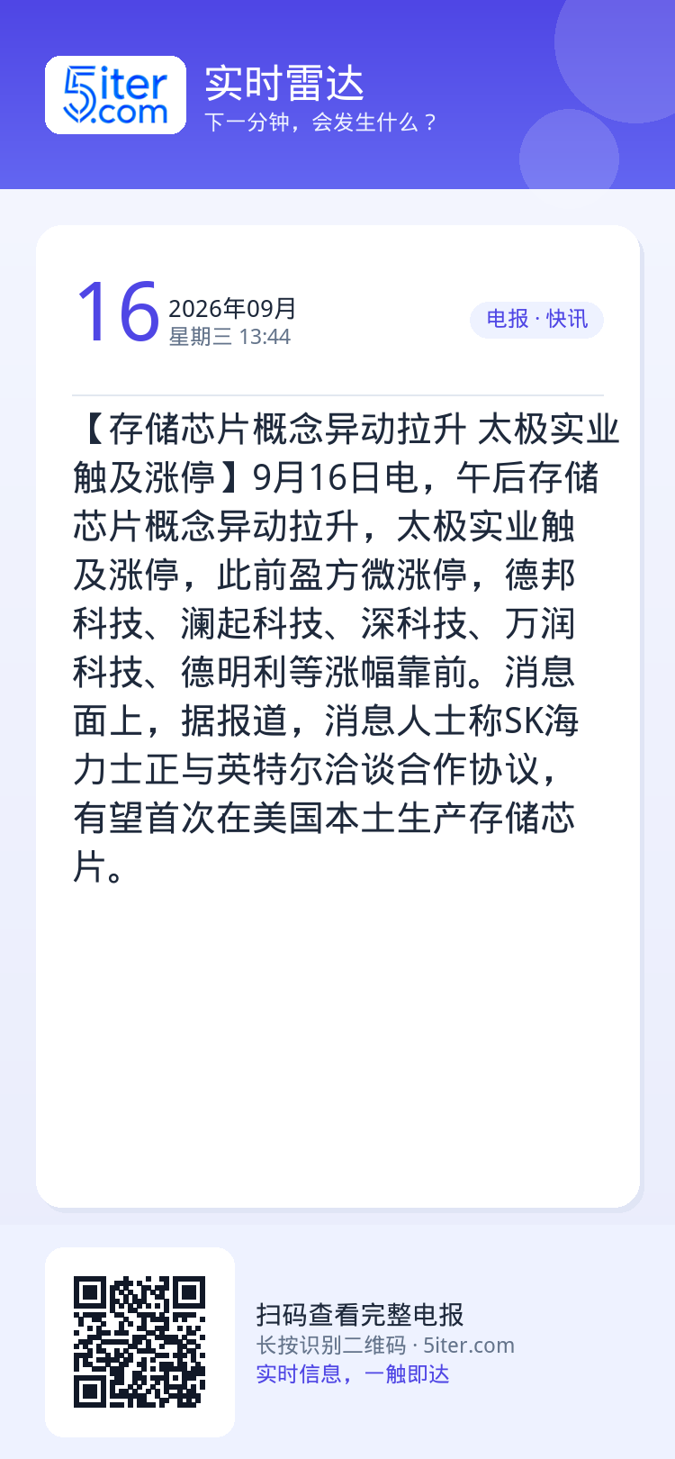 【存储芯片概念异动拉升 太极实业触及涨停】9月16日电，午后存储芯片概念异动拉升，太极实业触及涨停，此前盈方微涨停，德邦