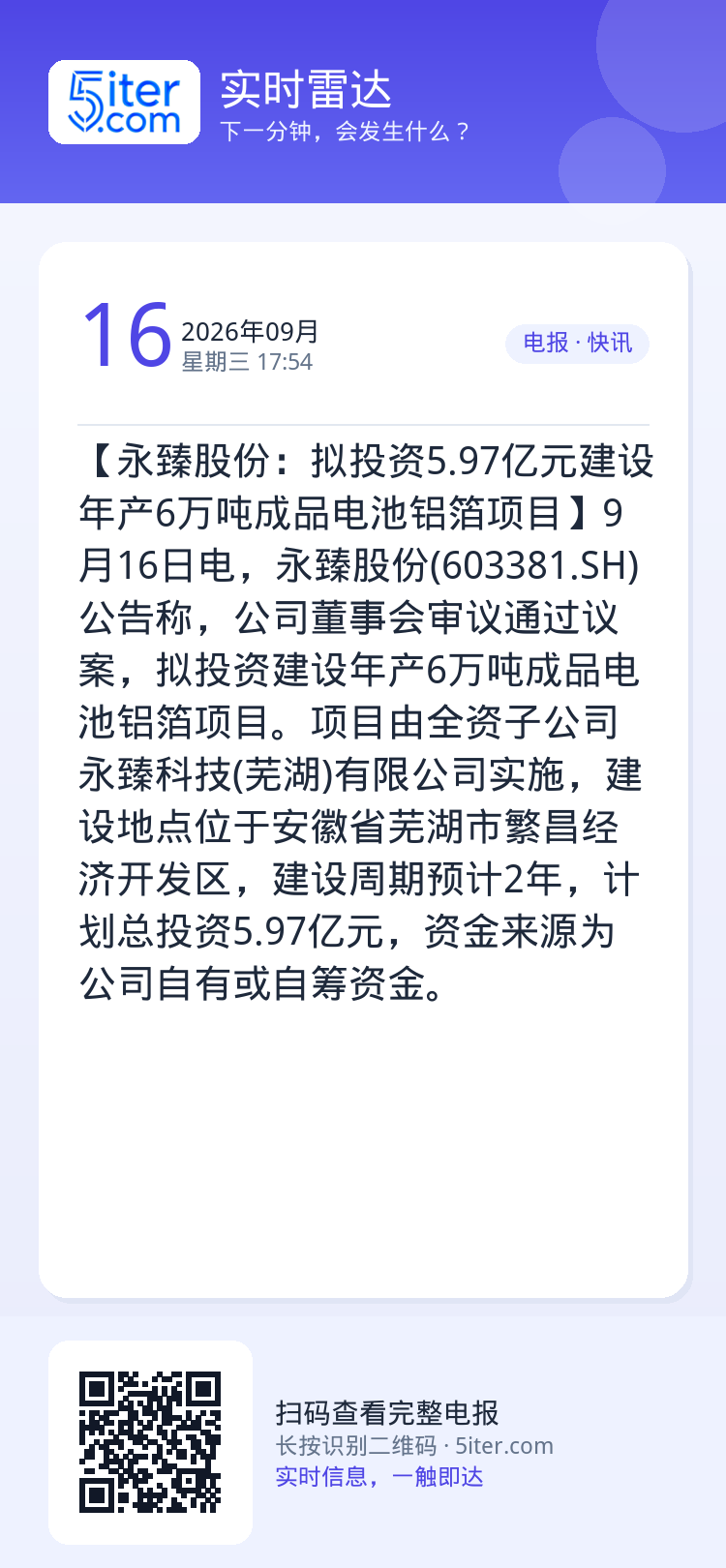 【永臻股份：拟投资5.97亿元建设年产6万吨成品电池铝箔项目】9月16日电，永臻股份(603381.SH)公告称，公司董