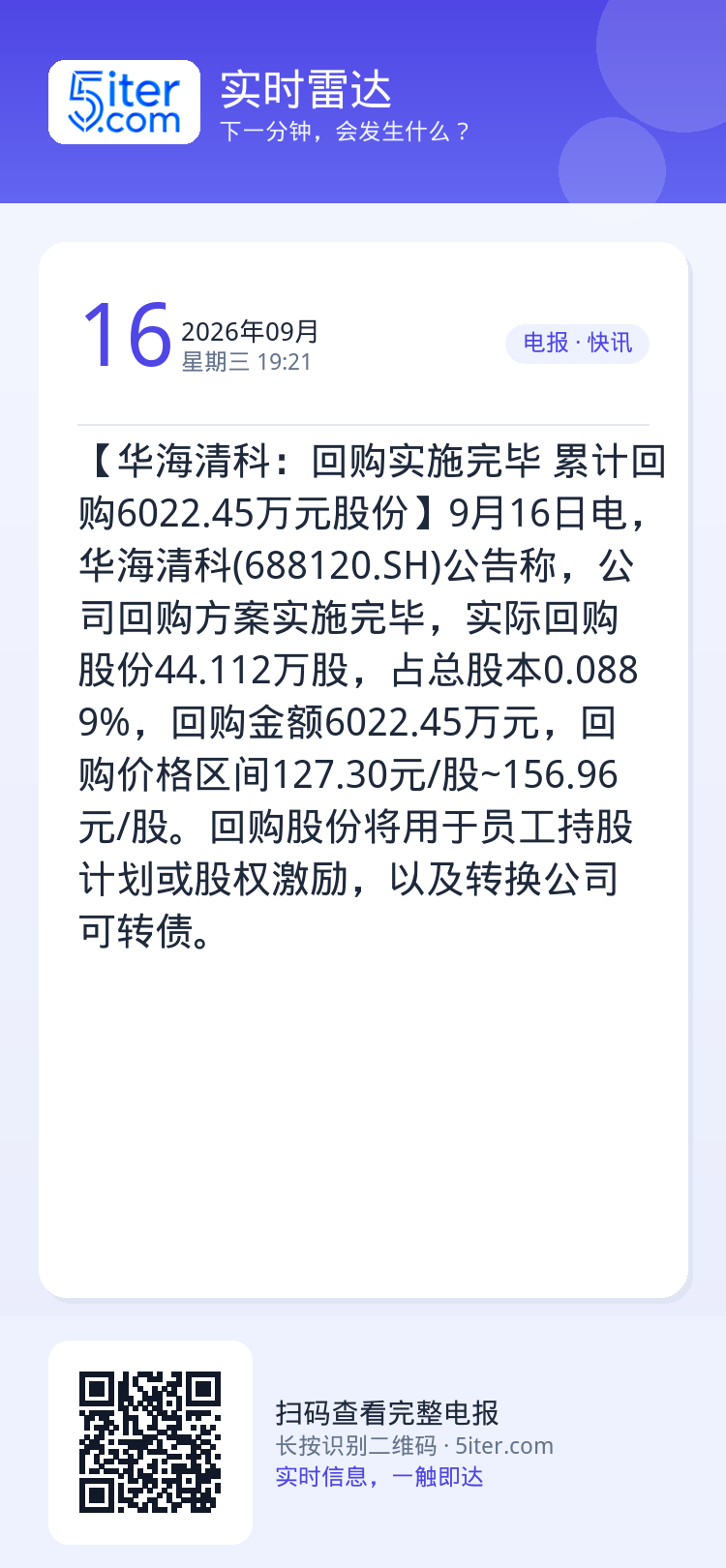 【华海清科：回购实施完毕 累计回购6022.45万元股份】9月16日电，华海清科(688120.SH)公告称，公司回购方