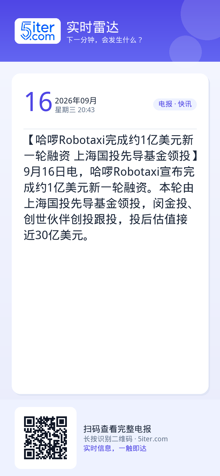 【哈啰Robotaxi完成约1亿美元新一轮融资 上海国投先导基金领投】9月16日电，哈啰Robotaxi宣布完成约1亿美