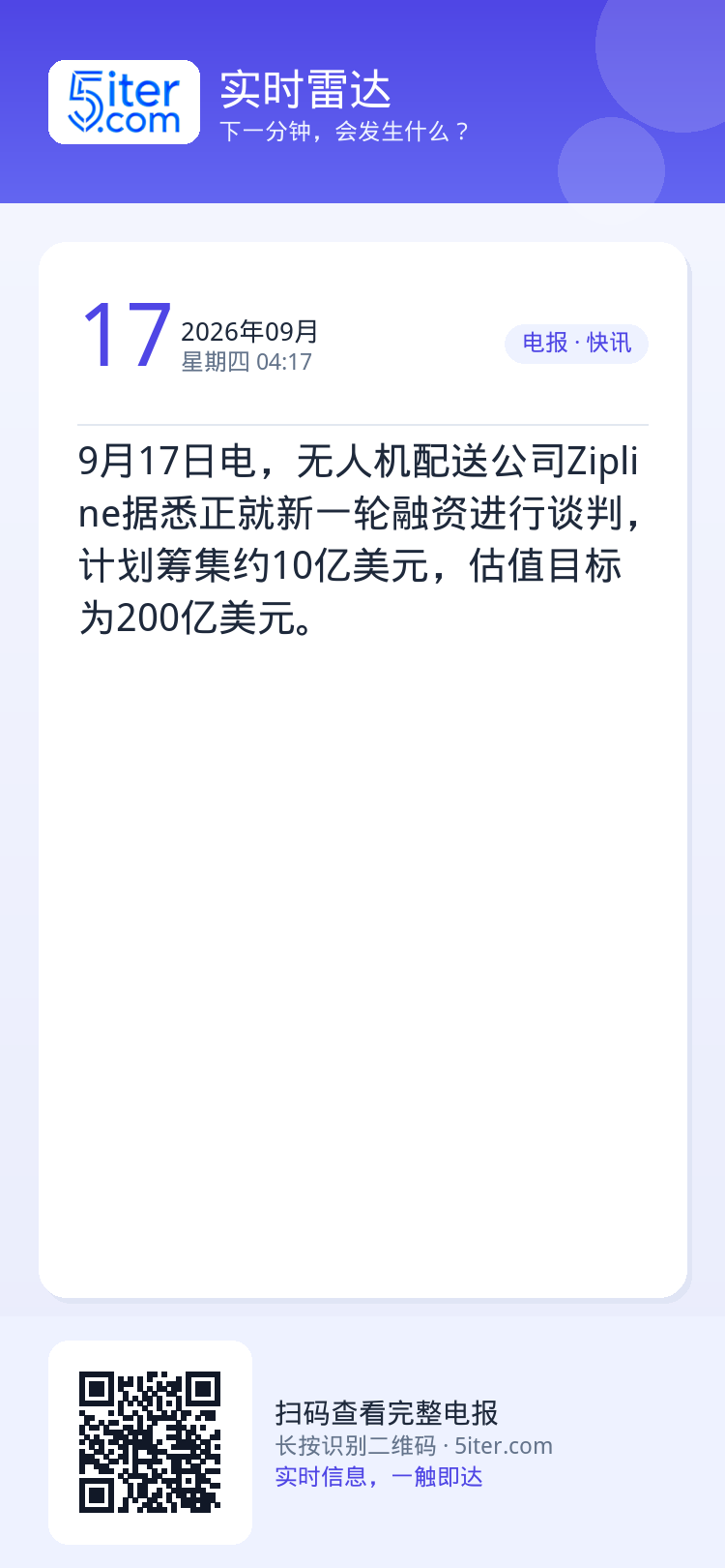 9月17日电，无人机配送公司Zipline据悉正就新一轮融资进行谈判，计划筹集约10亿美元，估值目标为200亿美元。