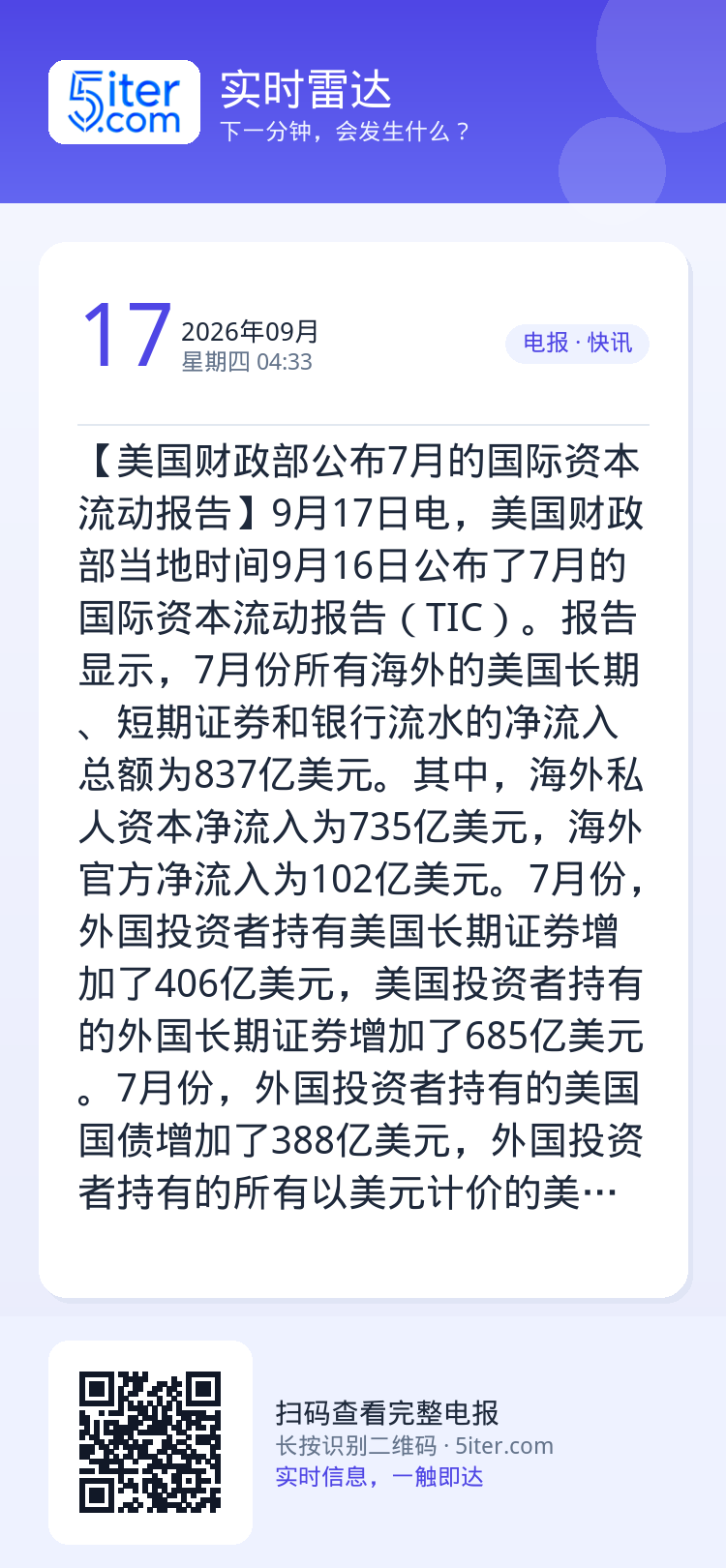 【美国财政部公布7月的国际资本流动报告】9月17日电，美国财政部当地时间9月16日公布了7月的国际资本流动报告（TIC）