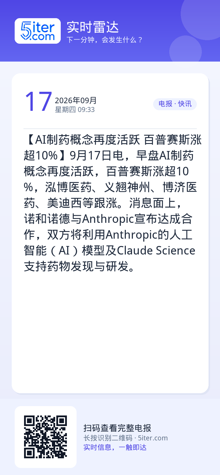 【AI制药概念再度活跃 百普赛斯涨超10%】9月17日电，早盘AI制药概念再度活跃，百普赛斯涨超10%，泓博医药、义翘神