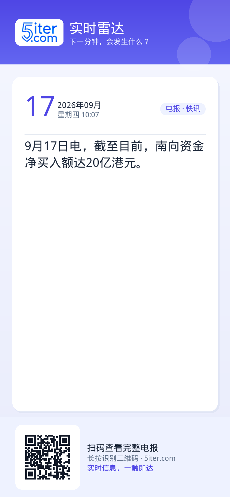 9月17日电，截至目前，南向资金净买入额达20亿港元。